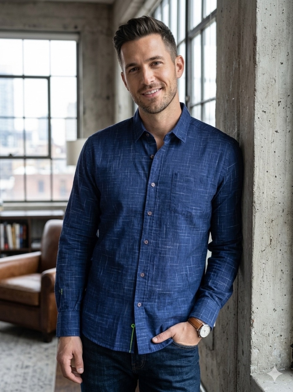WRK Work.Rest.Karma Men's Navy Blue Long-Sleeve Button-Up Shirt Crosshatch Plaid